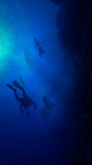 Scuba divers in the deep blue sea. Underwater photo from a scuba dive