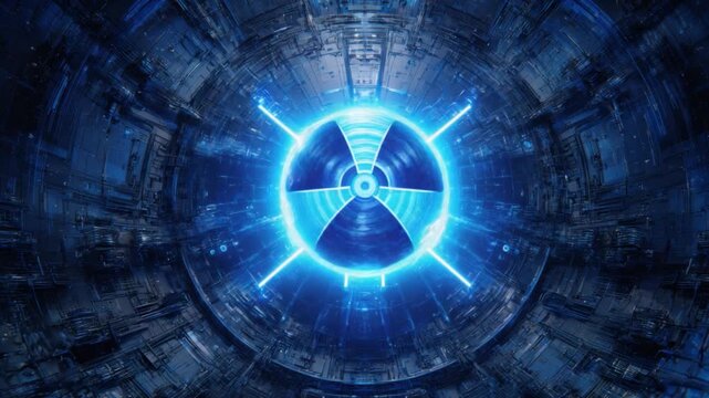 Radiant Nuclear Energy: The image portrays a neon-lit nuclear symbol, emanating potent energy within a futuristic, high-tech interior. Its an emblem of advanced technology and scientific progress.