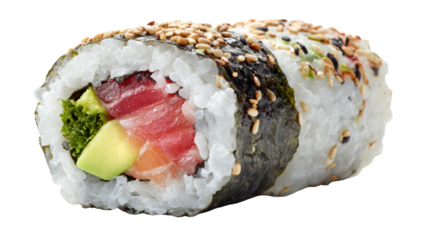 Fresh sushi roll featuring tuna, salmon, rice, avocado, and nori, garnished with sesame seeds on transparent background