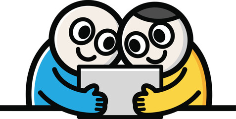 Two smiling cartoon stick figures with big eyes sharing a single laptop collaborating happily sidebyside.