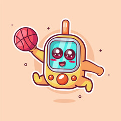 cheerful glucose meter character mascot playing basketball isolated cartoon
