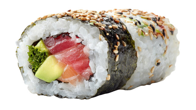 Fresh sushi roll featuring tuna, salmon, rice, avocado, and nori, garnished with sesame seeds on transparent background