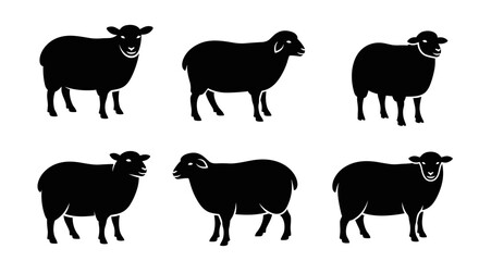 Set of Six Black Sheep Silhouettes Standing Side by Side.