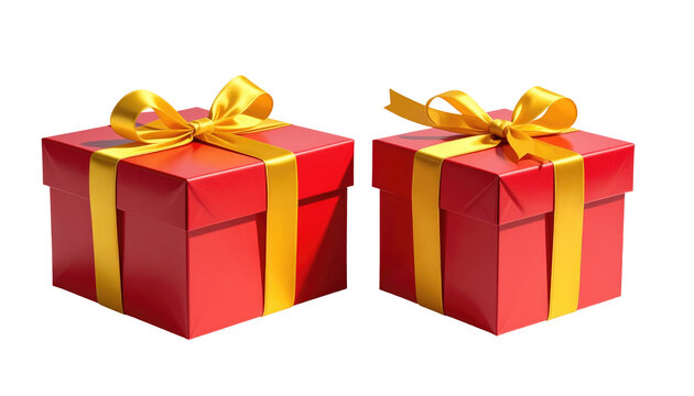 Two square red gift boxes tied with shiny gold ribbon bows, casting soft shadows against a dark background - Powered by Adobe