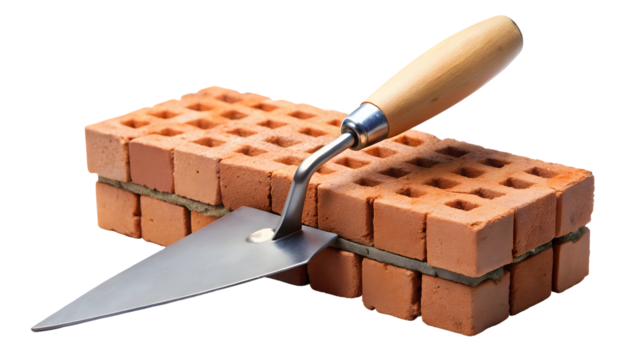 Crafting solid foundations with bricks and trowel, symbolizing construction expertise and building success, ideal for real estate and development
