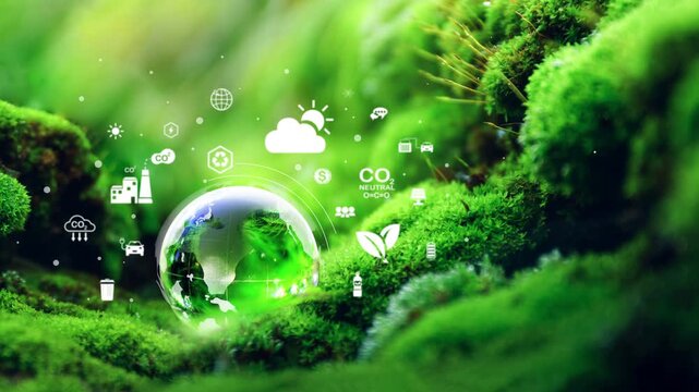 Glass globe in green forest with the icon environment of ESG, co2, circular company, and net zero. Technology Environment, Organization Sustainable development environmental.