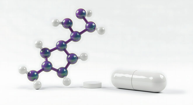 Molecular Structure with Pill and Tablet on White Background mol