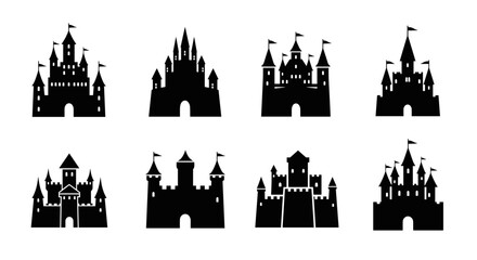 Fototapeta premium Collection of Eight Black Castle Silhouettes on White Background.