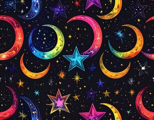 Rainbow moon and star pattern on black