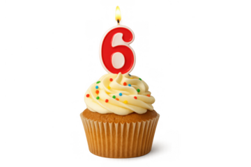 Cupcake with number 6 candle burning, celebrating a sixth birthday, anniversary, or special event, transparent background