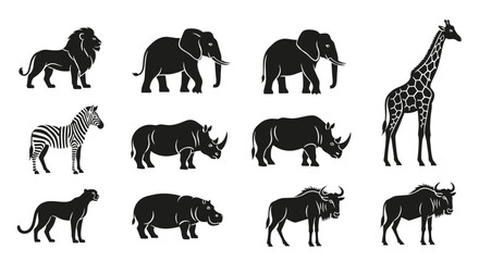 Collection of African Wildlife Silhouettes in Black and White.