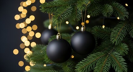 A close-up shot of a beautifully decorated Christmas tree with deep green pine needles and two matte black baubles hanging from thin golden strings