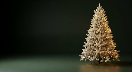 A beautifully lit Christmas tree stands on the right side of a dark, minimalist background, its branches covered in soft, frosted needles that shimmer gently under the warm glow of golden fairy lights