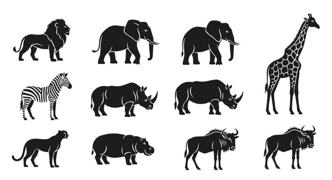 Collection of African Wildlife Silhouettes in Black and White.