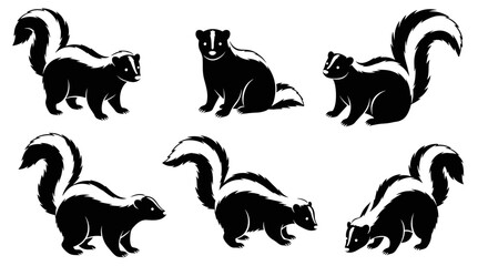 Fototapeta premium Collection of six black and white skunk illustrations in various poses.