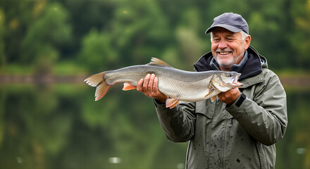 Senior man with gray hair, wearing a waterproof jacket and cap, proudly holds a large fish caught during a peaceful day of fishing by the serene lake, showcasing outdoor recreation