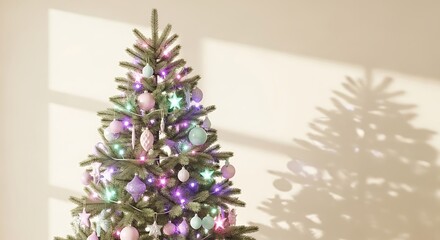 A soft pastel-themed Christmas tree with delicate pink, lavender, and mint-colored lights stands against a pale cream background