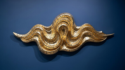  A Metallic Gold Leaf Wall Sculpture in the Shape of an Organic, Flowing Wave on a Solid Navy Blue Wall