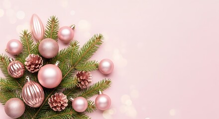 A cute pastel-themed arrangement with soft green pine branches adorned with blush-pink ornaments and rose-gold pinecones, placed in front of a soft pink background