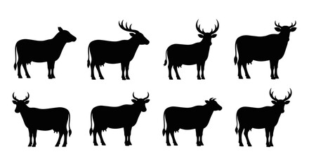 Fototapeta premium Collection of Silhouettes of Various Farm Animals and Deer.