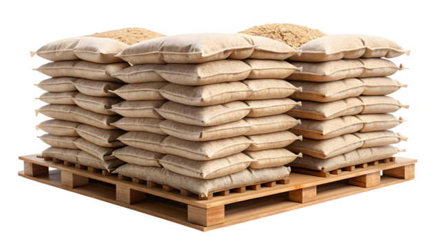 Stacked burlap sacks filled with grain on wooden pallet, ready for shipment, agriculture harvest concept, representing abundance and rural industry