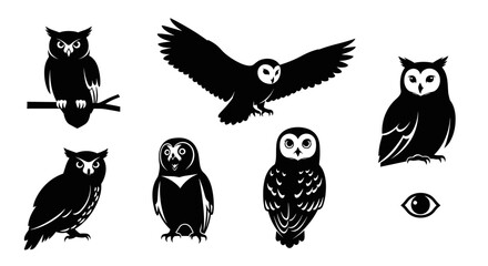 Collection of Black Owl Silhouettes in Various Poses and Styles.