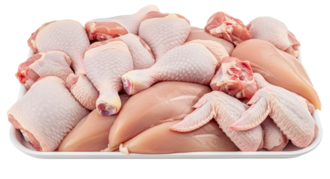 Assortment of raw chicken pieces isolated PNG with Transparent Background
