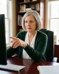 Focused mature woman pointing at computer screen in home office.