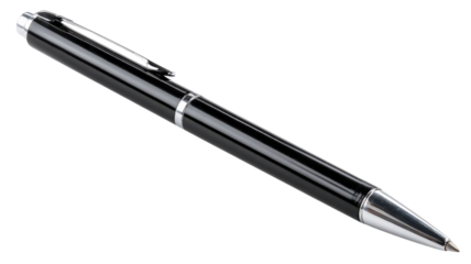 Black and silver ballpoint pen with clip, writing and signing instrument for office, business, education, document, contract, study