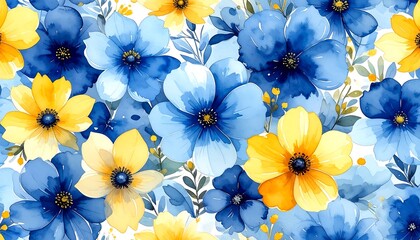 Vibrant floral pattern with blue and yellow blossoms