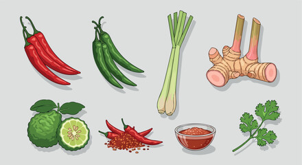 Thai spices and herbs collection for culinary use