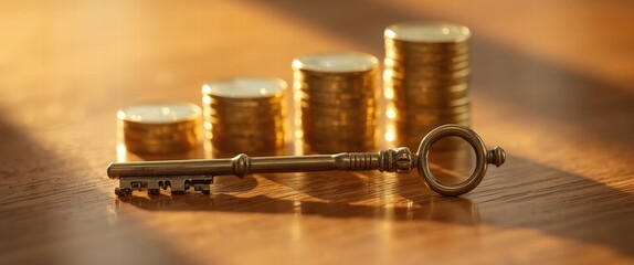 Unlock prosperity with this image symbolizing financial growth. Vintage key represents unlocking potential and steady coin stacks depict smart investments and future success.