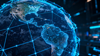 Cyberpunk Style Global Network Connection: Technological Visualization of Earth and Digital Nodes