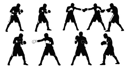 Fototapeta premium Silhouettes of boxers in various fighting stances and actions.