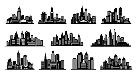 Obraz premium Collection of Diverse City Skylines in Black and White Silhouette Style.