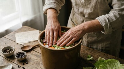 Hands pressing fresh vegetables into a large ceramic pot.