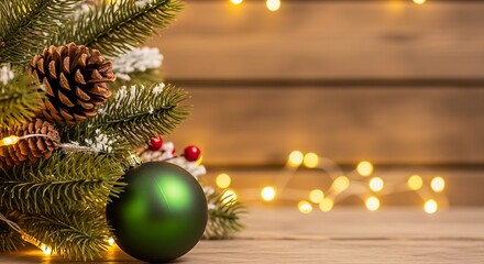 A cozy rustic Christmas scene showing natural pine branches, earthy pinecones, and a deep forest green ornament, set in front of a wooden textured background
