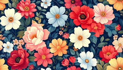 Vibrant floral pattern with various flower types