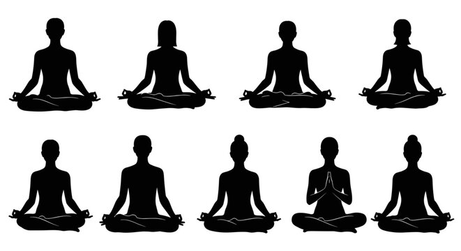 Eight Silhouettes of People Meditating in Lotus Pose.