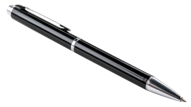 Black and silver ballpoint pen with clip, writing and signing instrument for office, business, education, document, contract, study