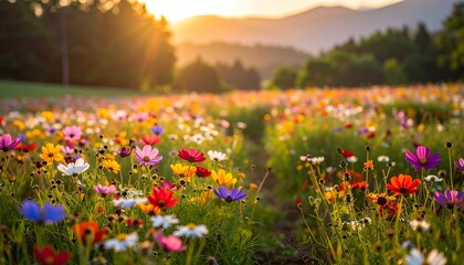 Vibrant flower field at sunset