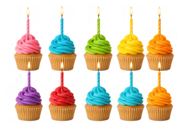 Colorful cupcakes with burning candles, celebrating a birthday, party, or special occasion on transparent background