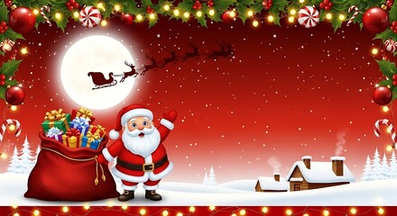 A festive Christmas landscape banner featuring Santa Claus cheerfully waving while standing beside a large sack filled with colorful wrapped gifts.