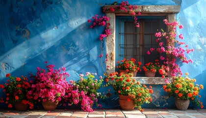 Vibrant flowers and a window on a blue wall