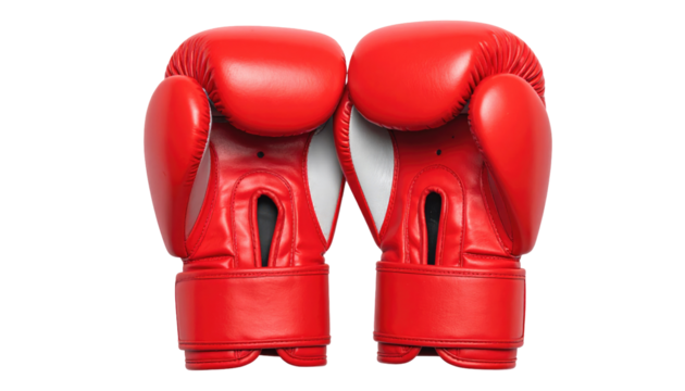 Two red boxing gloves placed next to each other against a black background, showing details and shape