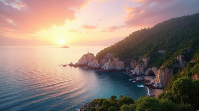 Dramatic sunset over a rocky coastline with calm ocean waves