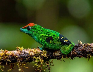 Vibrant frog perched on a branch in a lush forest