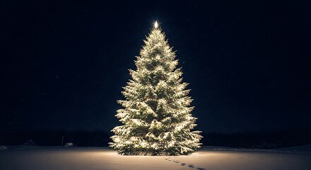 A snow-covered Christmas tree illuminated with warm white lights stands in a soft moonlit outdoor setting, with a dark starry sky and snowy ground adding a magical, peaceful winter atmosphere