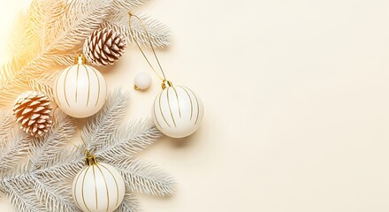 A clean, elegant Christmas scene featuring soft white pine branches, matte white ornaments with gold accents, and lightly dusted pinecones, all set against a bright cream background
