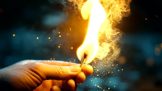 Hand holding a lit matchstick against a dark background, igniting